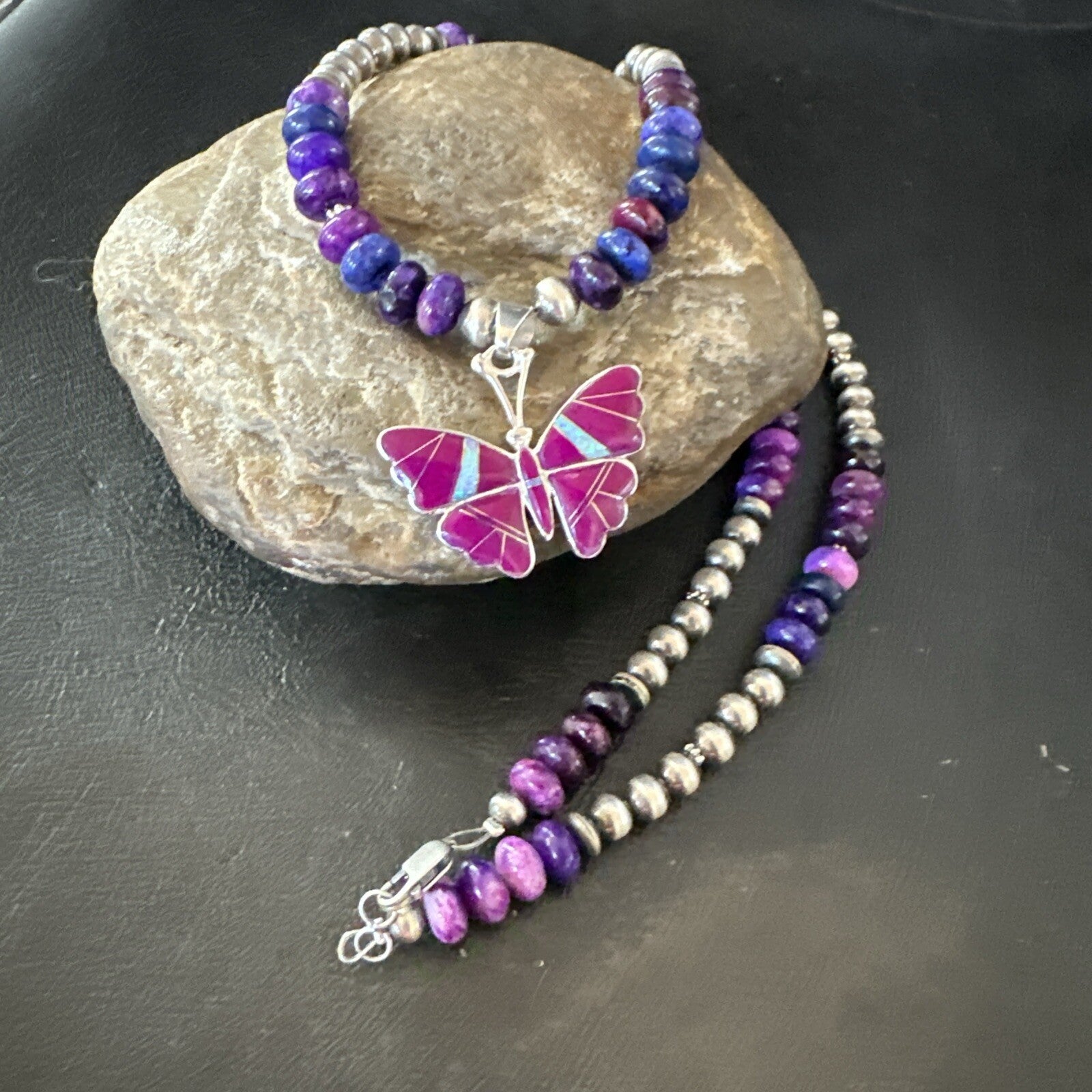 Butterfly Purple Stone Opal Pendant Navajo Sterling Silver Necklace 18732