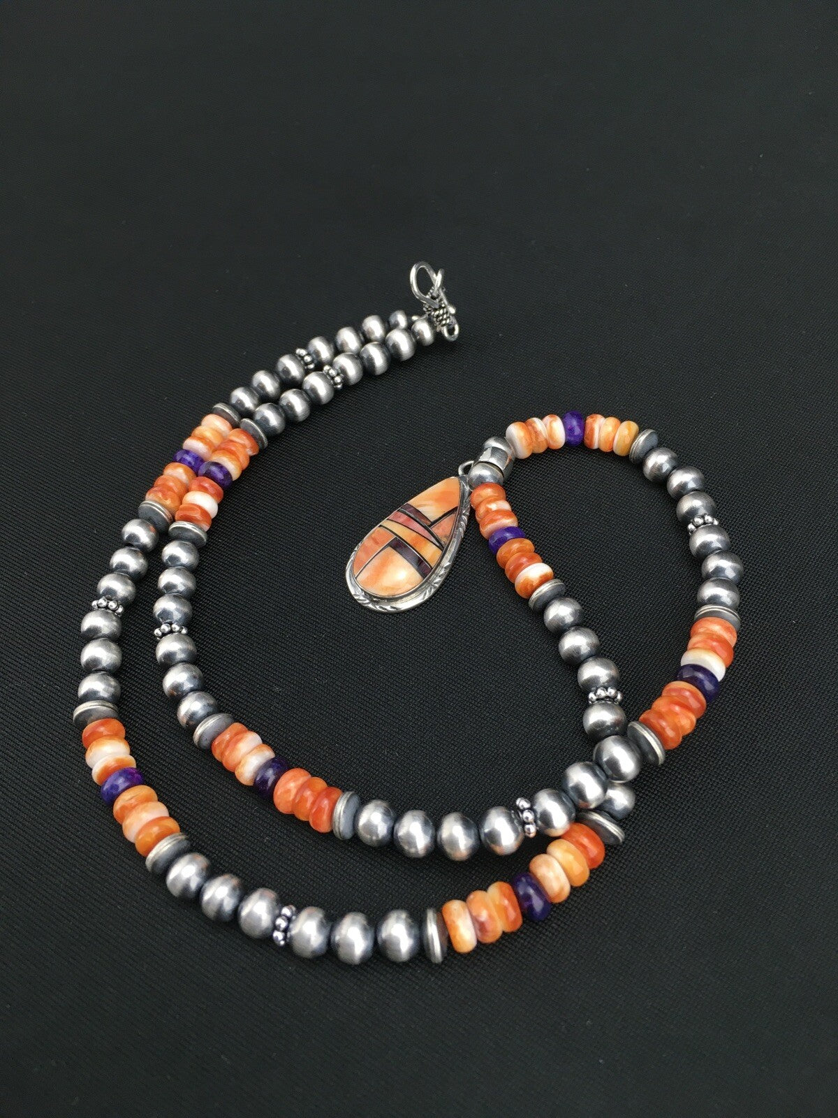 Spiny Oyster Pendant Purple Stone Navajo Pearls Sterling Silver Necklace 4879