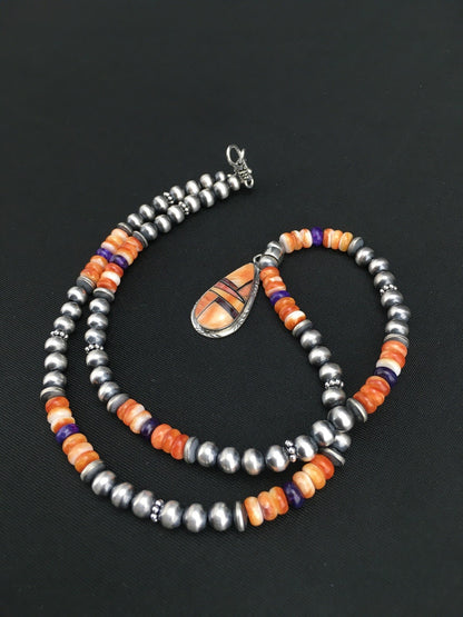 Spiny Oyster Pendant Purple Stone Navajo Pearls Sterling Silver Necklace 4879