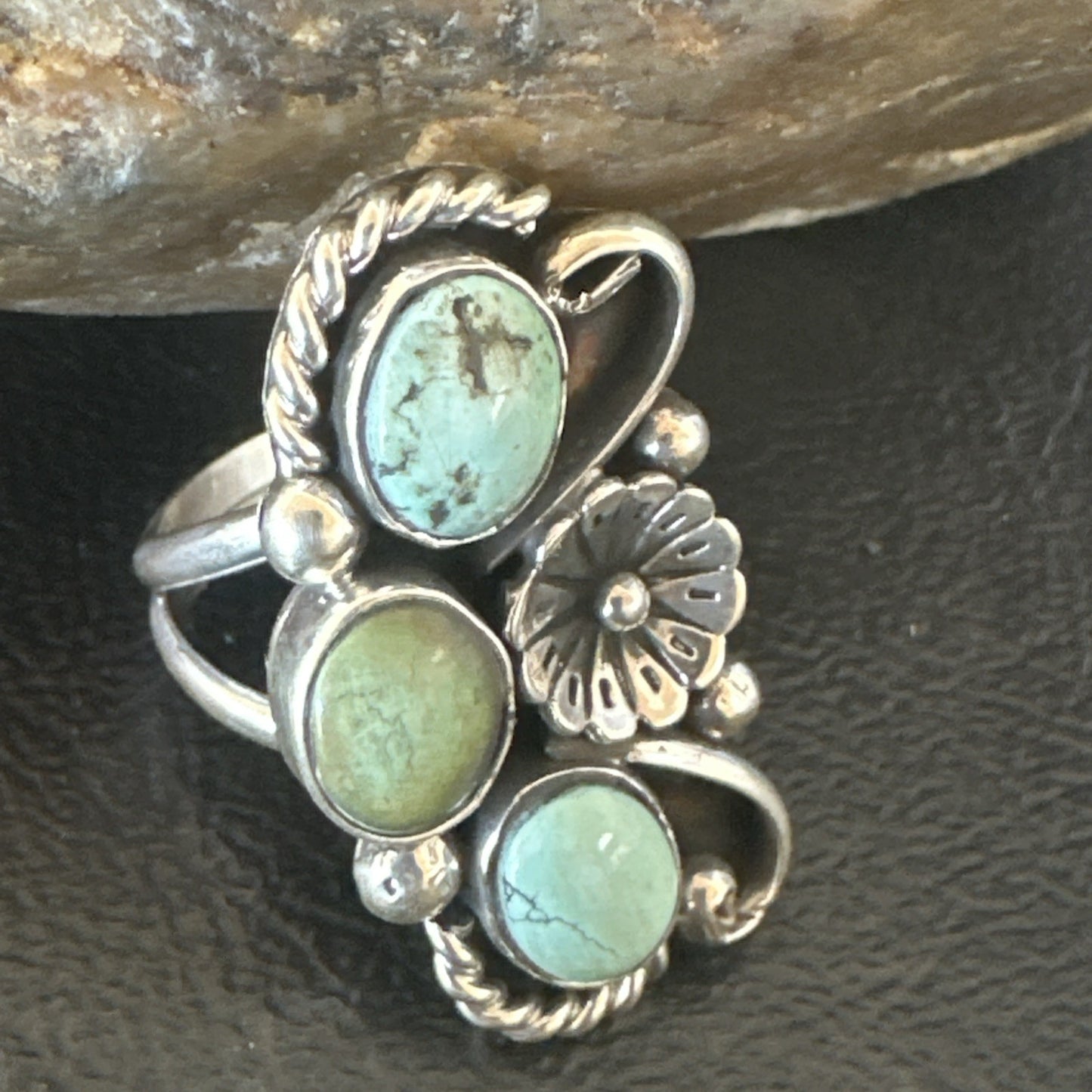 Blue Green Turquoise Navajo Sterling Silver Cluster Ring Size 8.5 19079