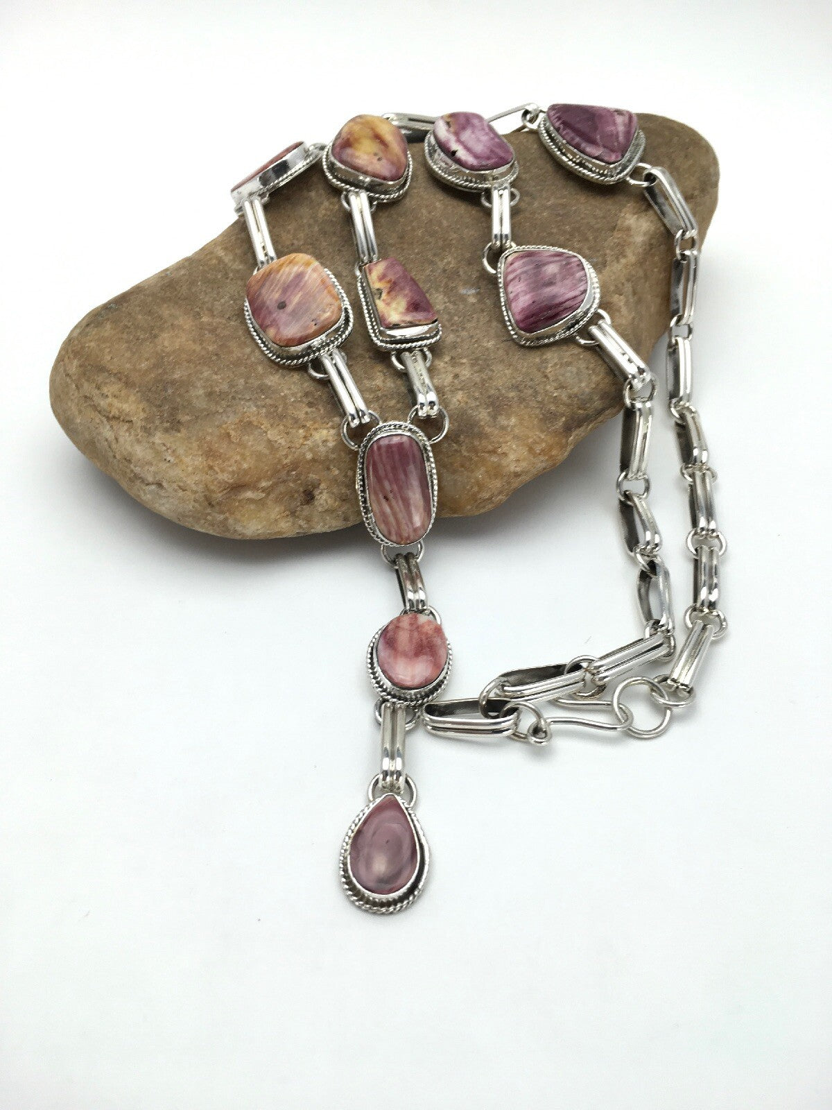 Native LARIAT Purple Spiny Oyster Necklace Navajo Sterling Silver 02793