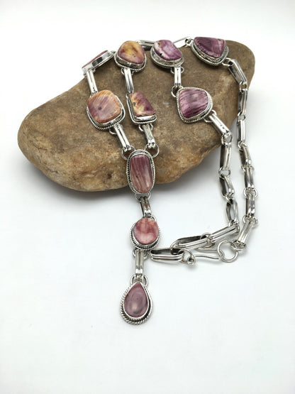 Native LARIAT Purple Spiny Oyster Necklace Navajo Sterling Silver 02793