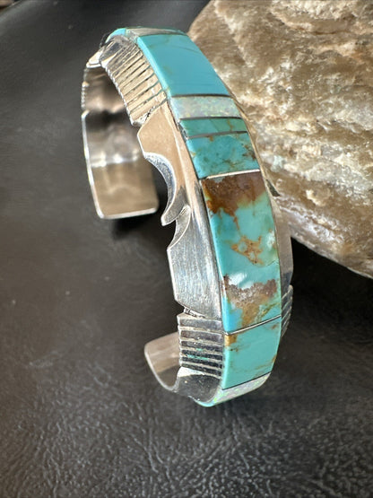 Blue Turquoise Opal Navajo Sterling Silver Cuff Inlay Bracelet 17957
