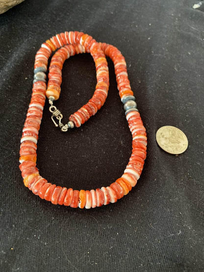 Red Spiny Oyster Navajo Sterling Silver Beads 20" Necklace 00556
