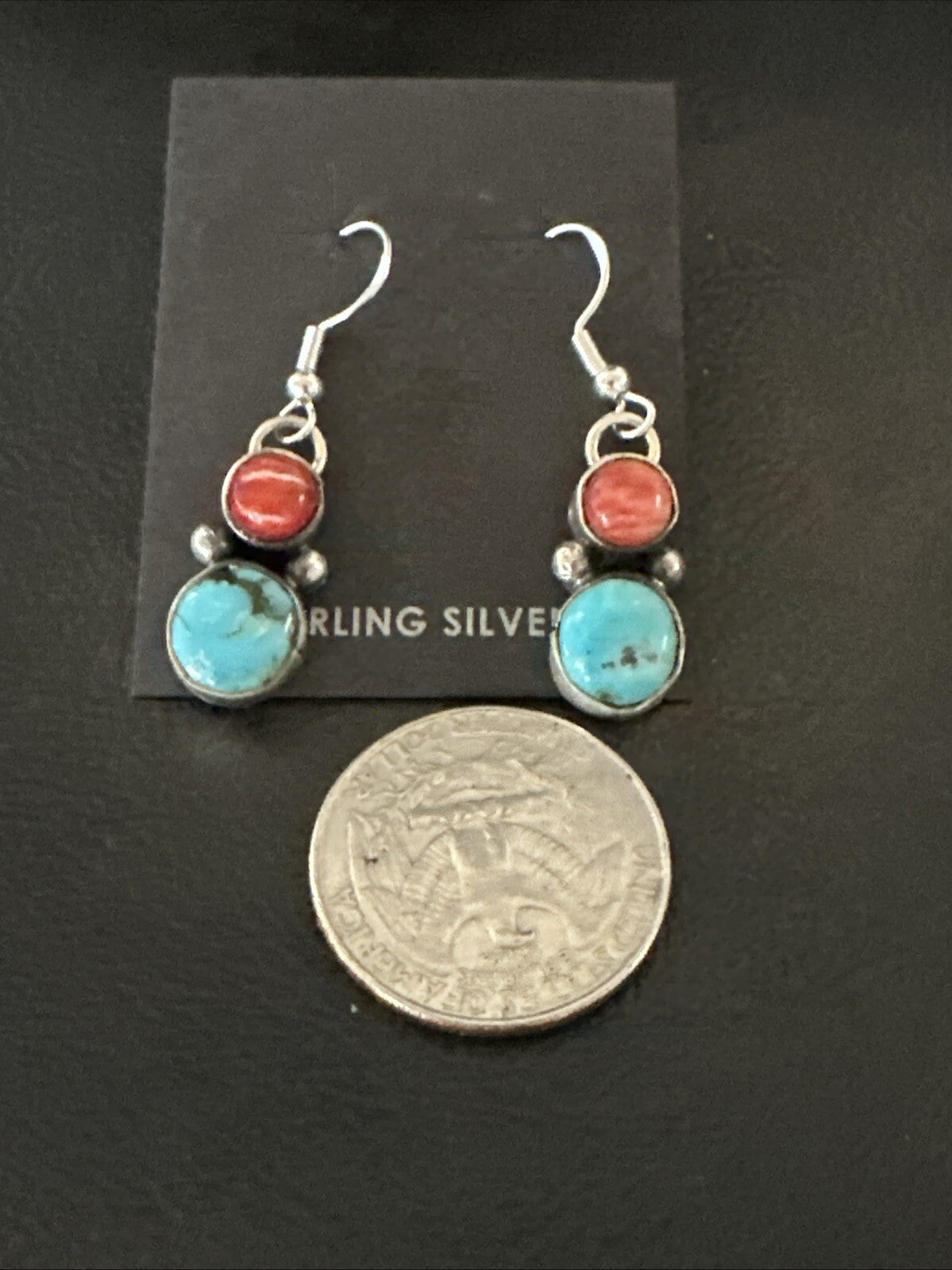 Handmade Blue Turquoise Red Coral Sterling Silver Navajo Dangle Earrings 18845