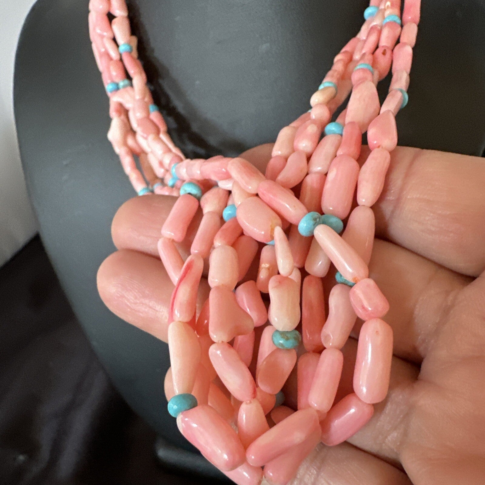 Navajo Blue Turquoise Pink Coral Sterling Silver 5 Strand Necklace 20” 17840