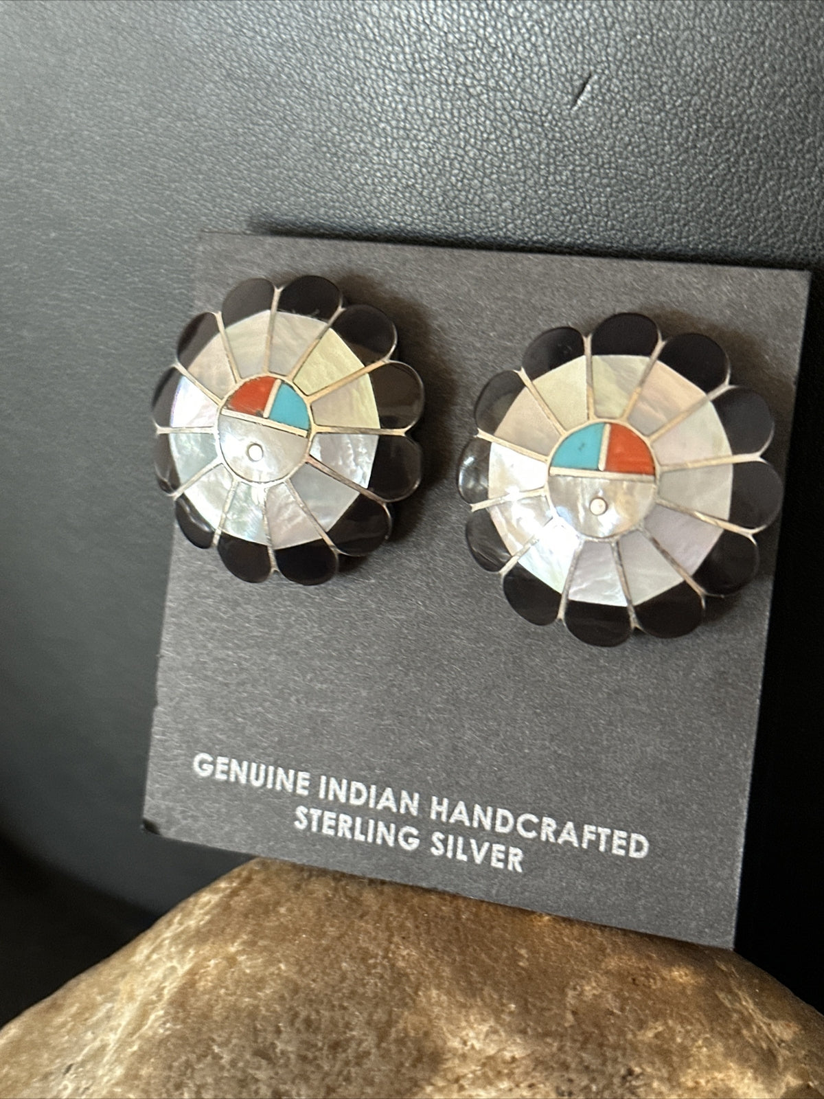 Coral Turquoise Onyx Abalone Zuni Sterling Silver Sunface Inlay Earrings 14769