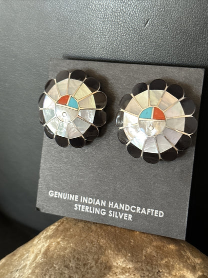 Coral Turquoise Onyx Abalone Zuni Sterling Silver Sunface Inlay Earrings 14769