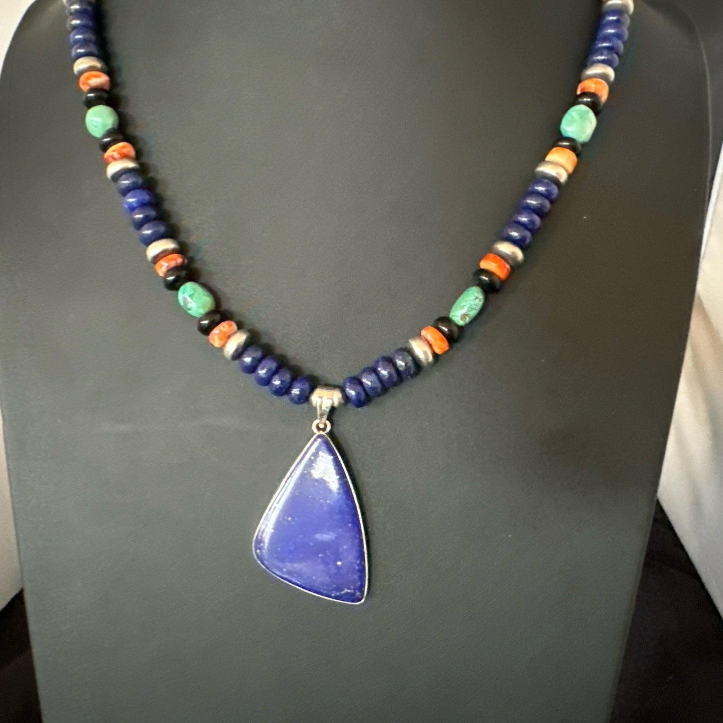 Lapis Turquoise Spiny Necklace Southwestern Sterling Silver Pendant 22” 19469