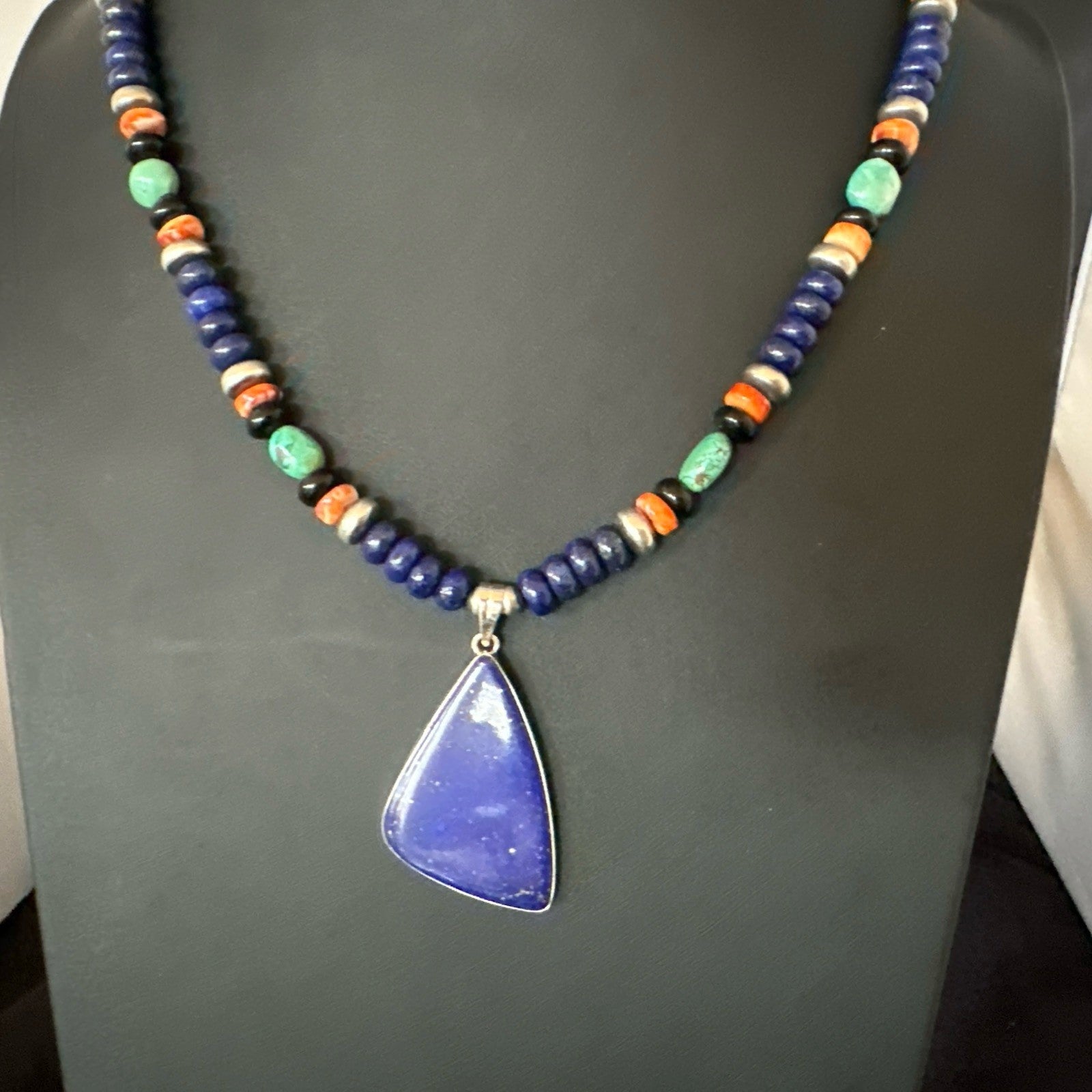 Lapis Turquoise Spiny Necklace Southwestern Sterling Silver Pendant 22” 19469