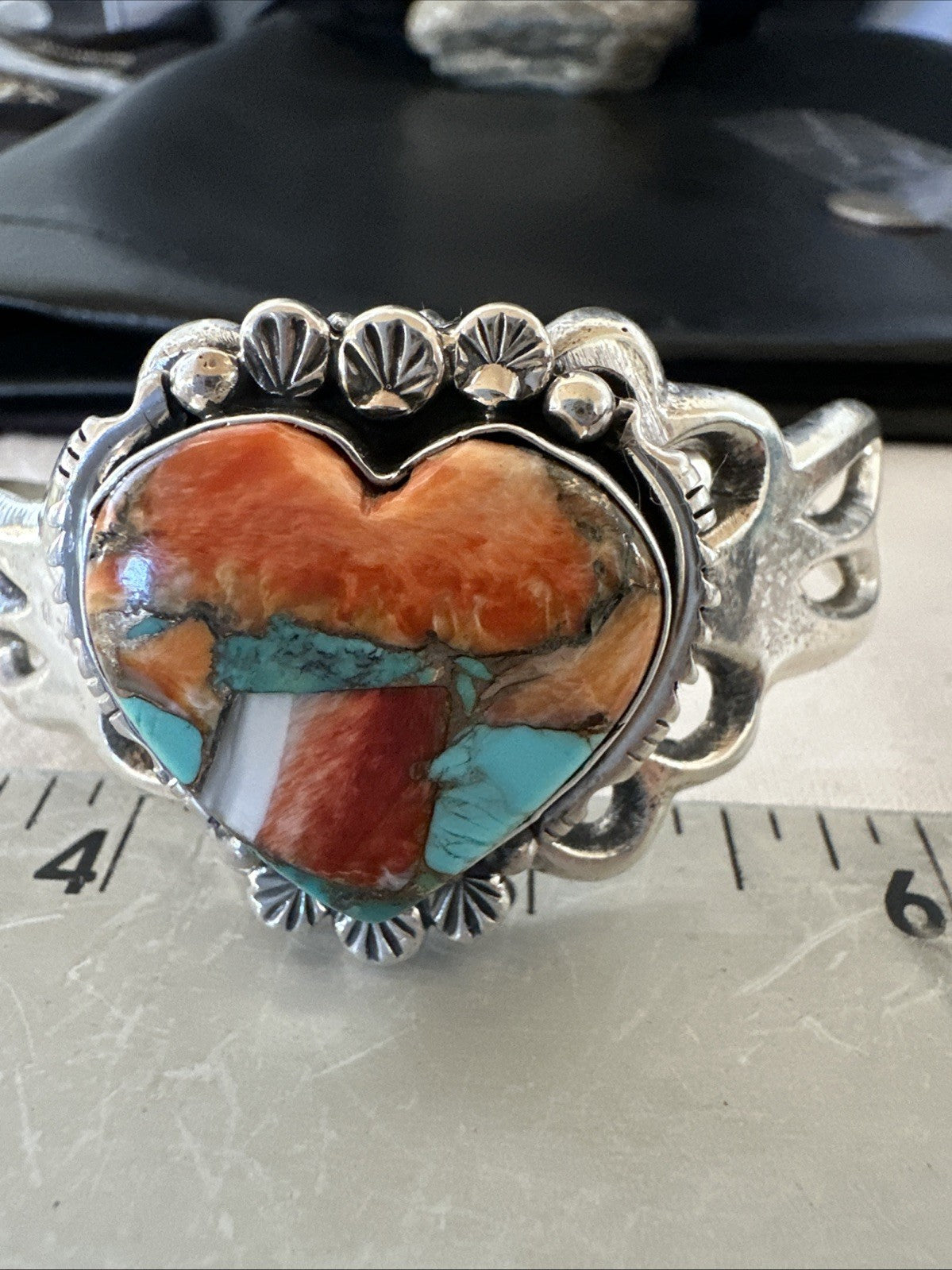 WoMens Tufa Heart Spiny Turquoise Navajo Silver Cuff Bracelet 7.6” 19457