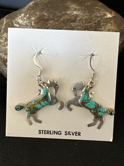 Turquoise Horse Inlay Navajo Sterling Silver Earrings 19826