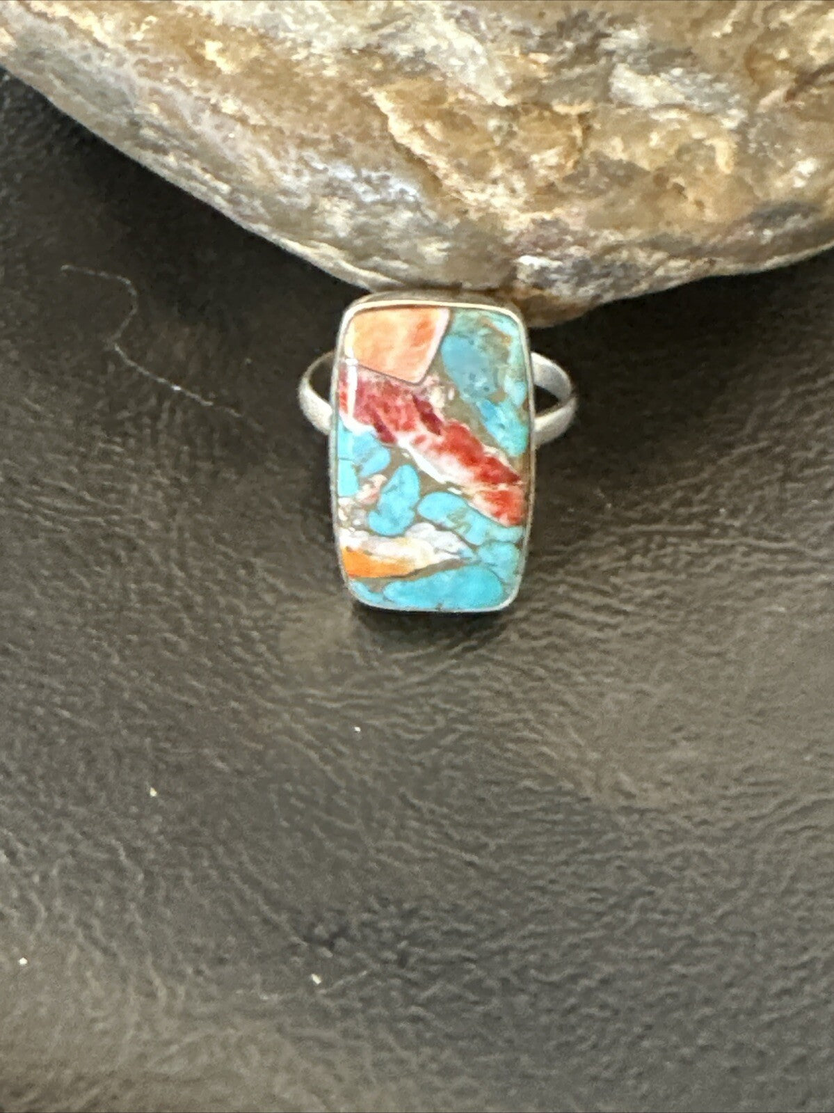 Blue Turquoise Spiny Oyster Southwestern Sterling Silver Ring Size 8 18434