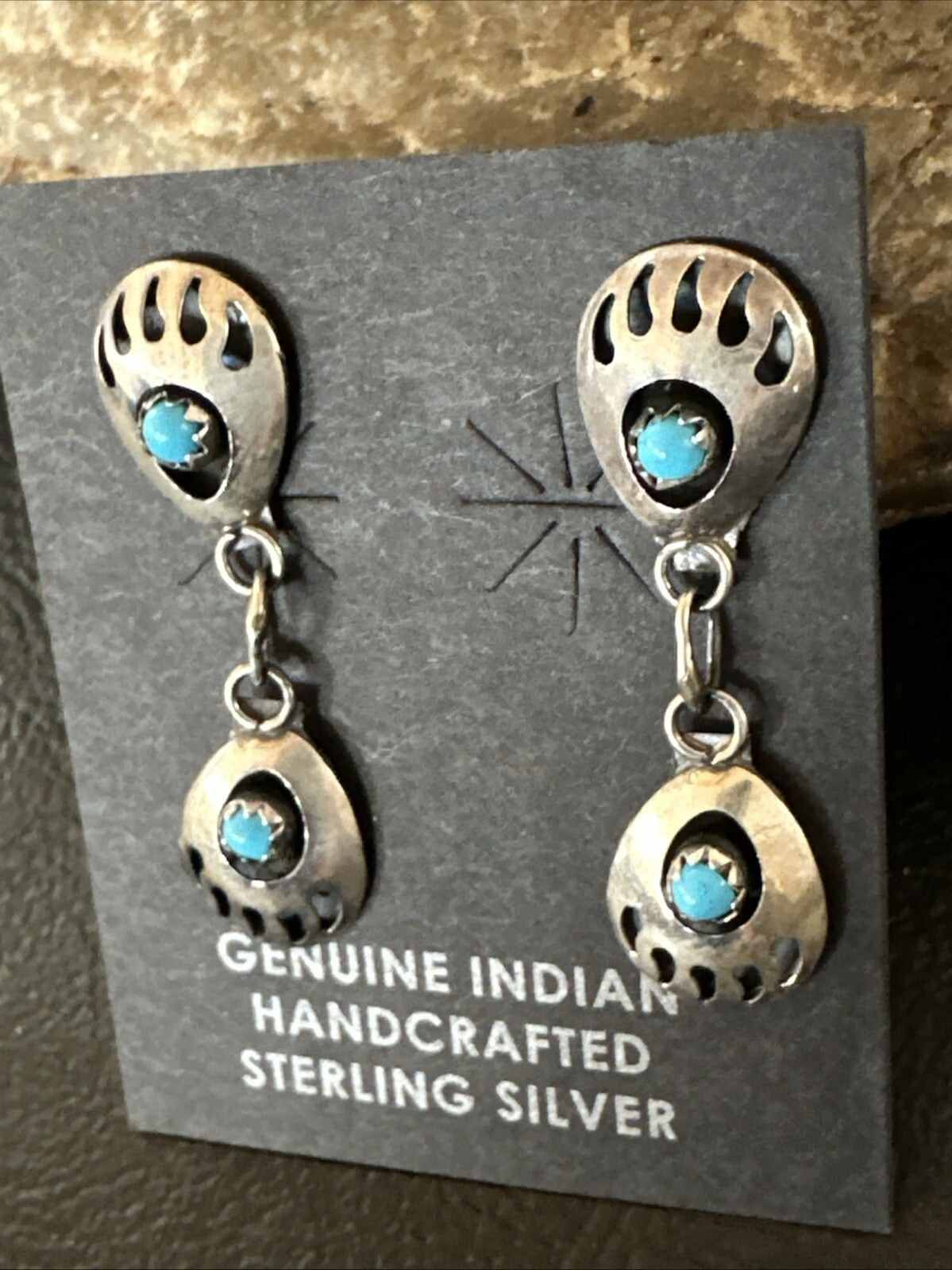 Navajo Blue Turquoise Sterling Silver Post Dangle Bear Paw Earrings 1.30" 4520