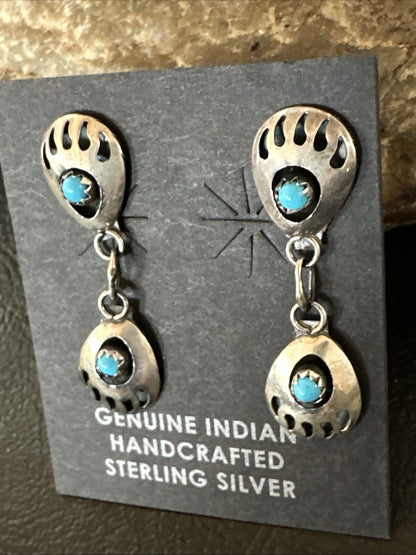 Navajo Blue Turquoise Sterling Silver Post Dangle Bear Paw Earrings 1.30" 4520