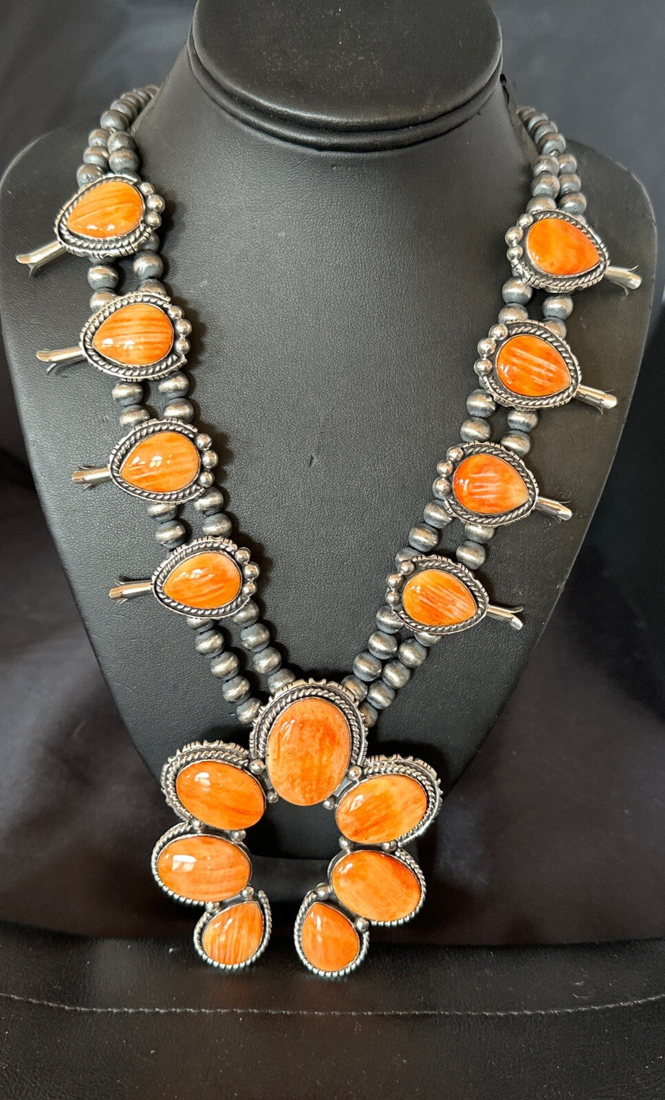 XL Orange Spiny Oyster Sterling Silver Squash Blossom Necklace 18134