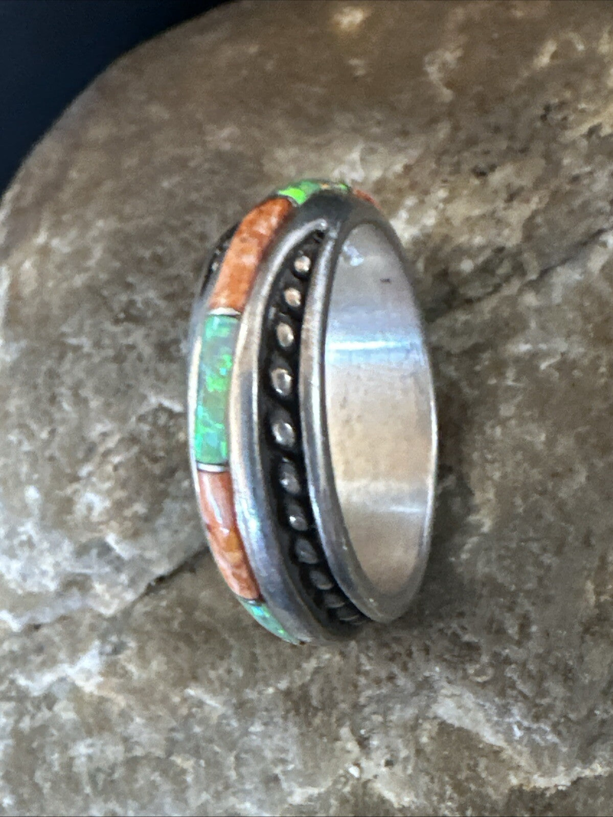 Green Opal Orange Spiny Navajo Sterling Silver Band Inlay Ring Size 9 18811