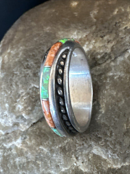 Green Opal Orange Spiny Navajo Sterling Silver Band Inlay Ring Size 9 18811