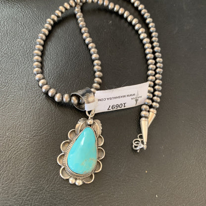 Mens Blue Kingman Turquoise Pendant Navajo Pearls Sterling Necklace 10697N
