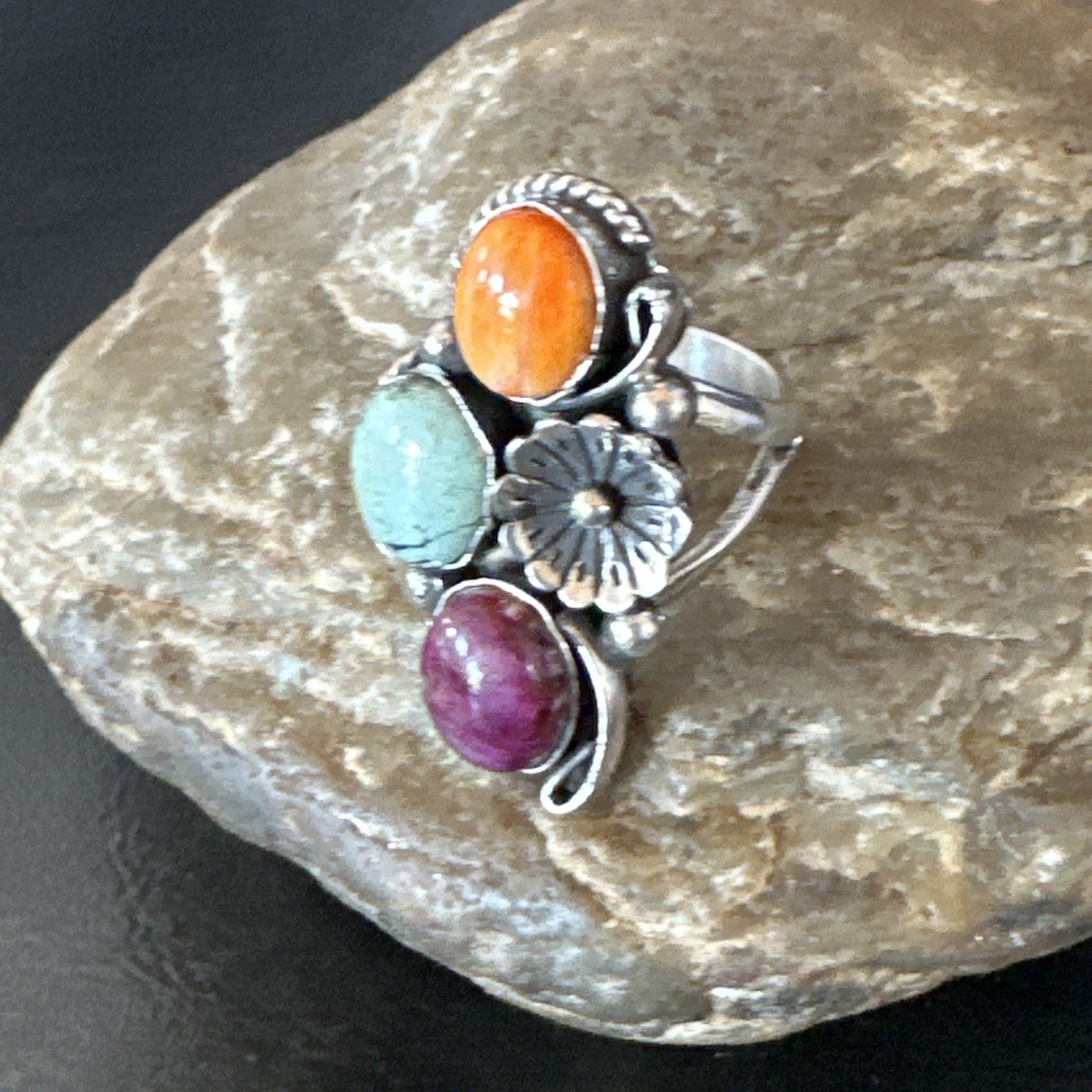 Multicolor Ring Turquoise Spiny Navajo Sterling Silver Cluster Size 8 19170