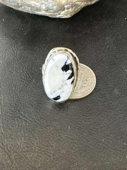 White Buffalo Turquoise Navajo Sterling Silver Ring Size 8 19800