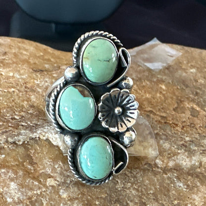 Yazzie Ring Green Turquoise Navajo Sterling Silver Cluster Size 8.5 19214