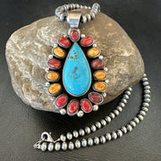 Multicolor Turquoise Spiny Navajo Cluster Pendant Necklace | Sterling Silver | Authentic Native American Handmade | 19560