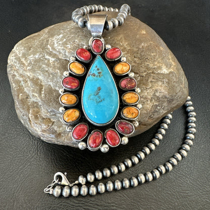 Multicolor Turquoise Spiny Navajo Sterling Silver Cluster Pendant Necklace 19560