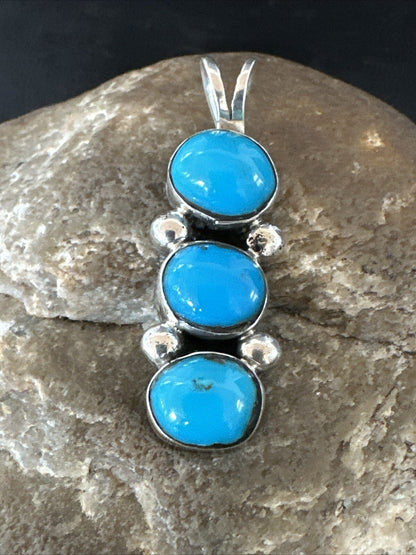 Robin Egg Turquoise 3 Stone Navajo Sterling Silver Cluster Pendant 18337