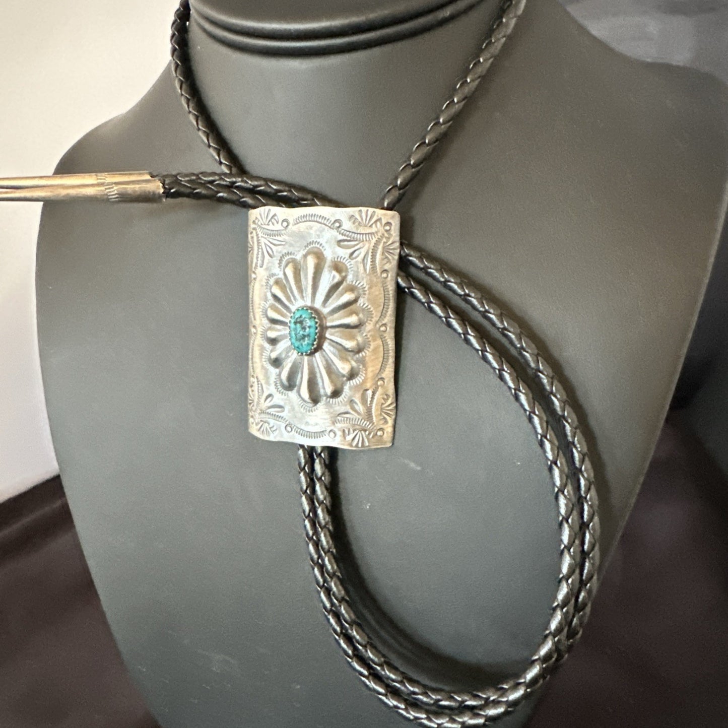 Mens Stamped Bolo Tie Blue Kingman Turquoise Navajo Sterling Silver 2” 19301