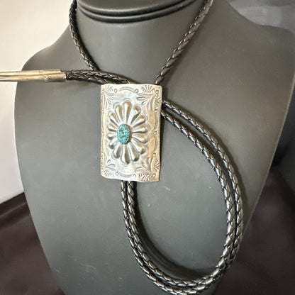 Mens Stamped Bolo Tie Blue Kingman Turquoise Navajo Sterling Silver 2” 19301