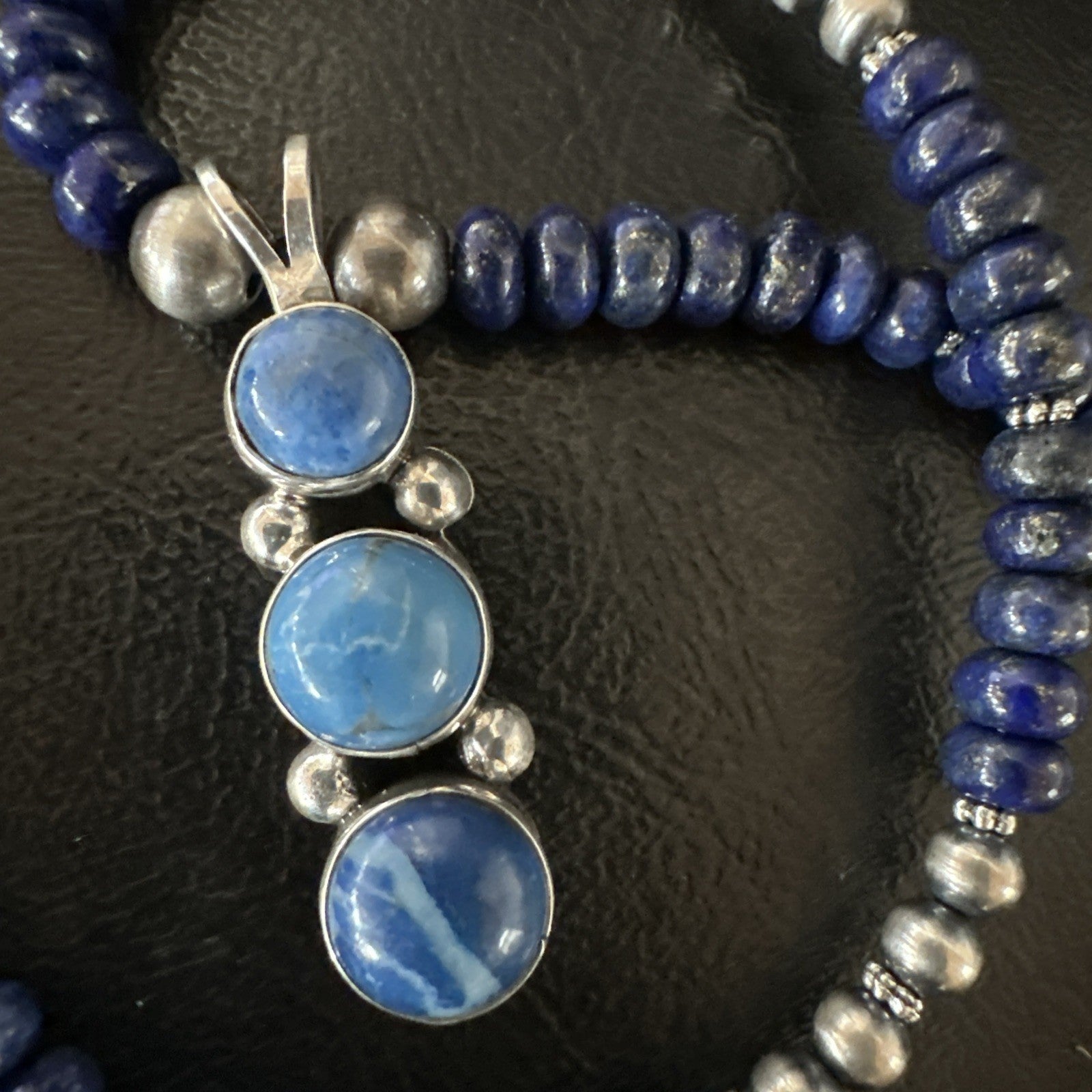 Handmade Blue Lapis Cluster Pendant NavajoSterling Silver Necklace 2" 19655