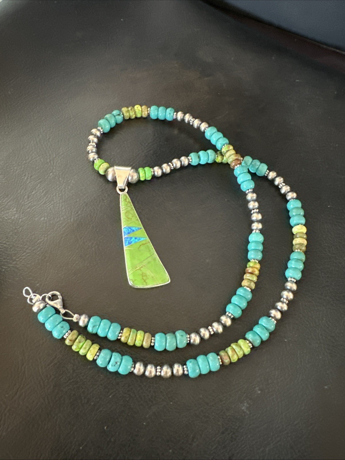 Blue Green Turquoise  Gaspeite Pendant Navajo Sterling Silver Necklace 19665