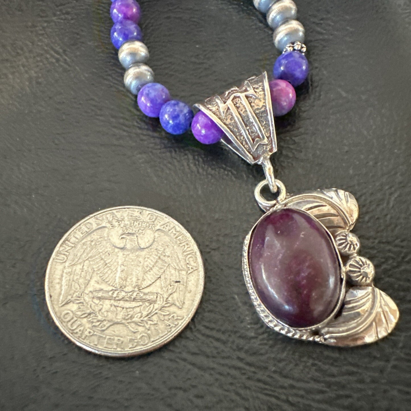Purple Stone Pendant Navajo Pearls Sterling Silver Necklace 18389
