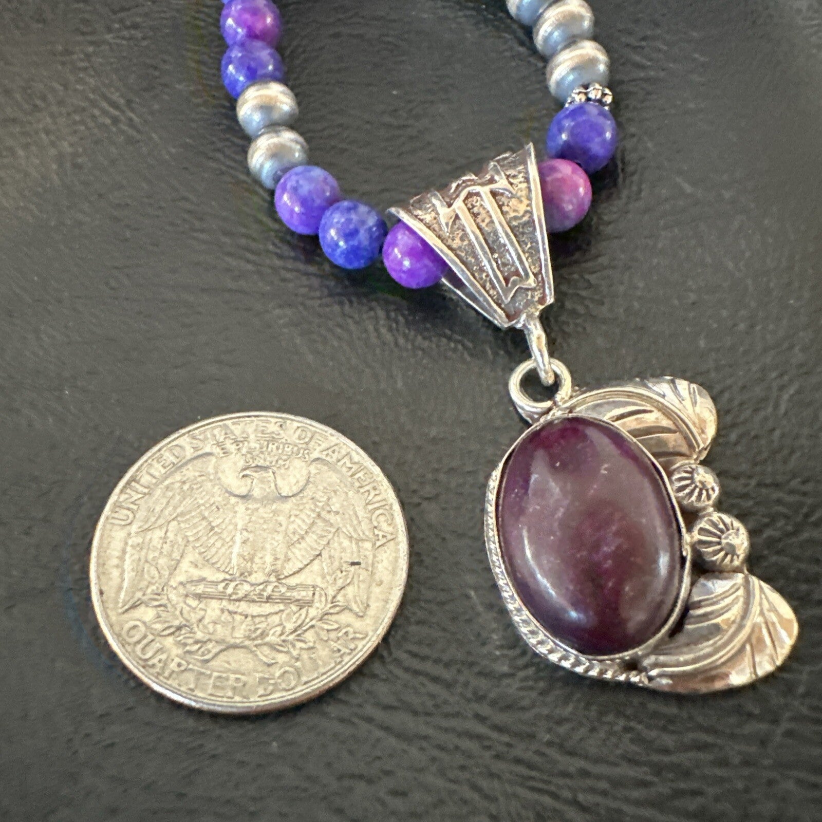 Purple Stone Pendant Navajo Pearls Sterling Silver Necklace 18389