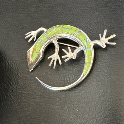 Green Gaspeite Opal Navajo Gecko Sterling Silver Inlay Lizard Pin Pendant 18598