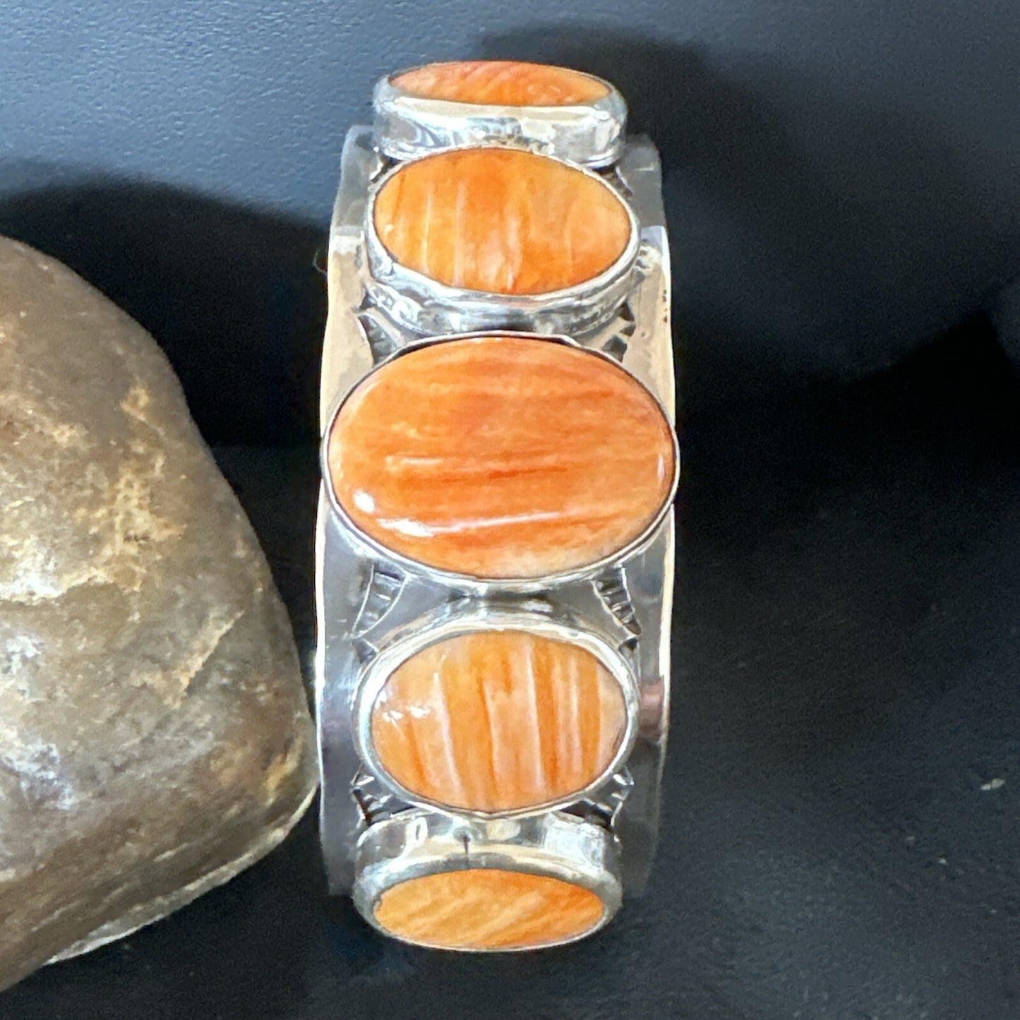 Stamped Orange Spiny Oyster Navajo Sterling Silver 5 Stone Cuff Bracelet 17942