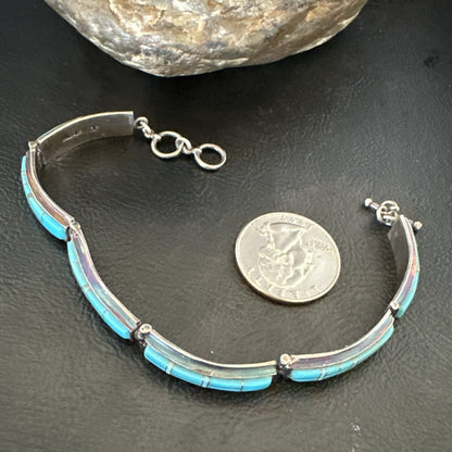 Opal Blue Turquoise Navajo Old Pawn Sterling Silver Inlay Bracelet 7.5" 18126