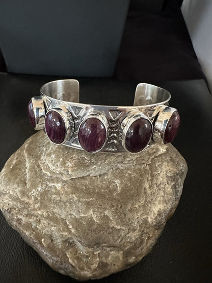 Purple Spiny Oyster Row 5 Stone Sterling Silver Navajo Cuff Bracelet 19473