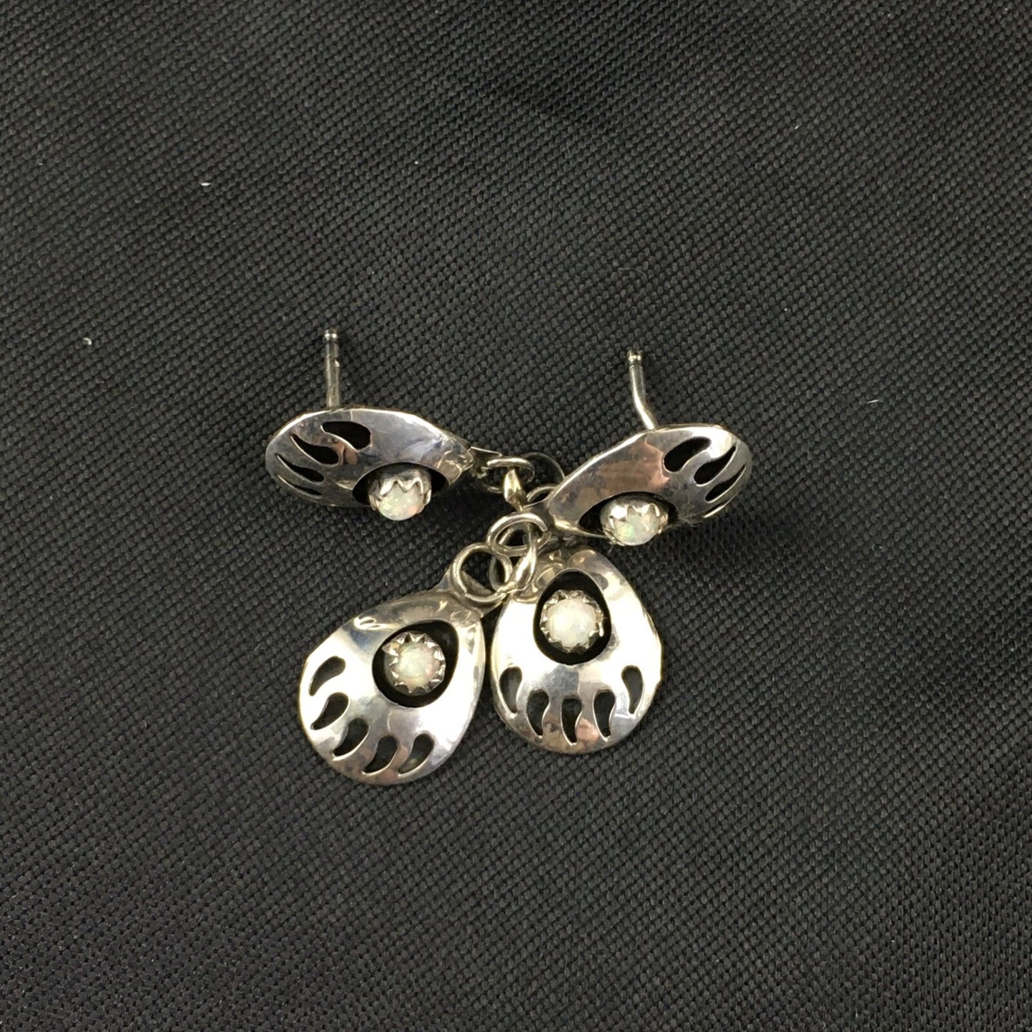 White Opal Navajo Sterling Silver Post Dangle Bear Paw Earrings 1.30" 08694