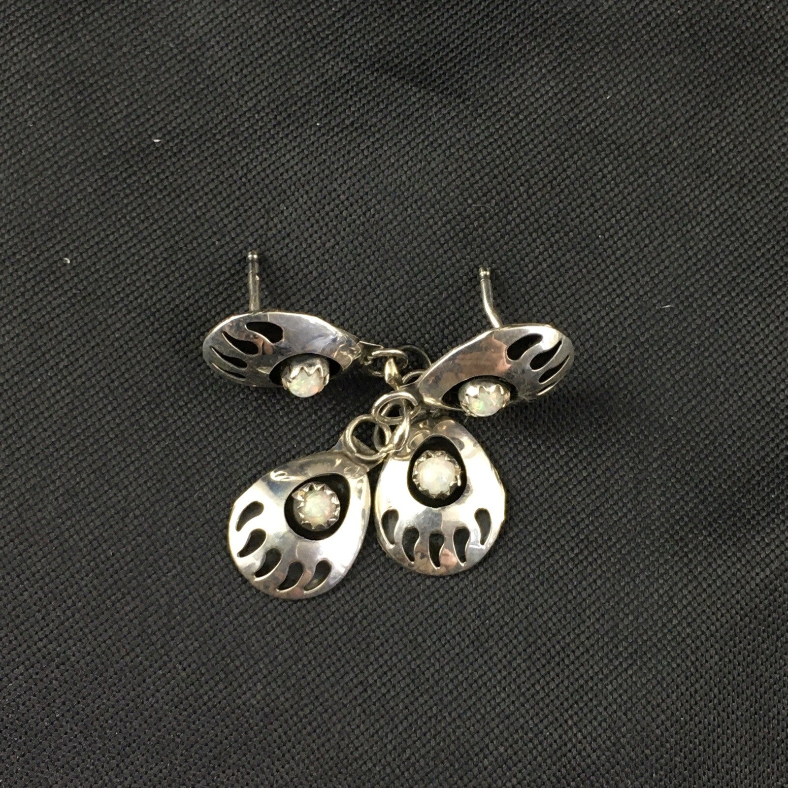 White Opal Navajo Sterling Silver Post Dangle Bear Paw Earrings 1.30" 08694