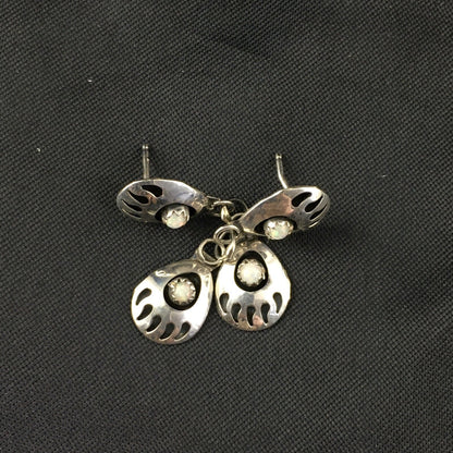 White Opal Navajo Sterling Silver Post Dangle Bear Paw Earrings 1.30" 08694