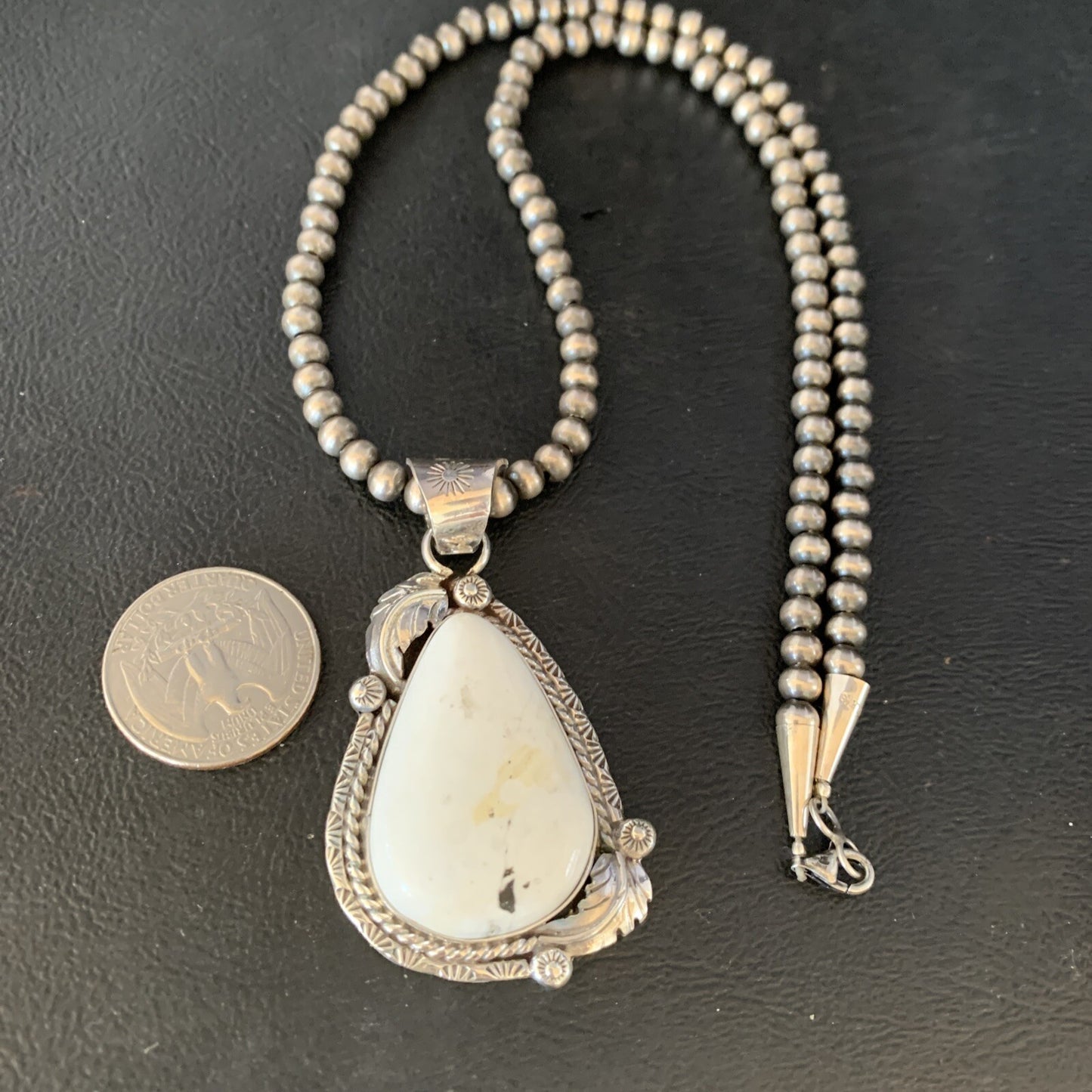 Mens White Buffalo Turquoise Pendant Sterling Silver Beads Necklace 19306