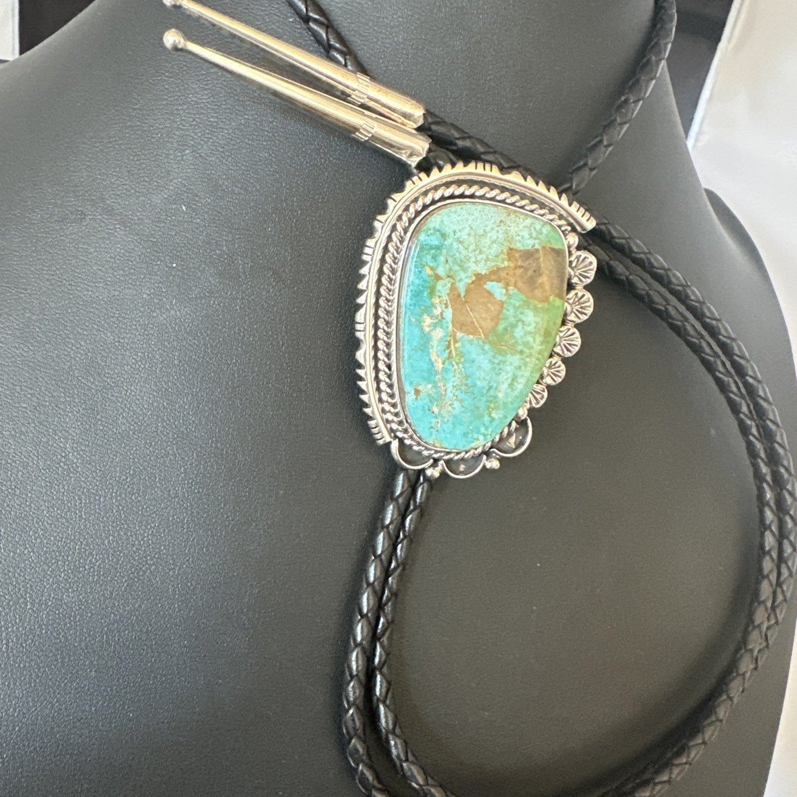 Native Mens Blue Green Royston Turquoise Bolo Tie Sterling Silver Navajo 19594