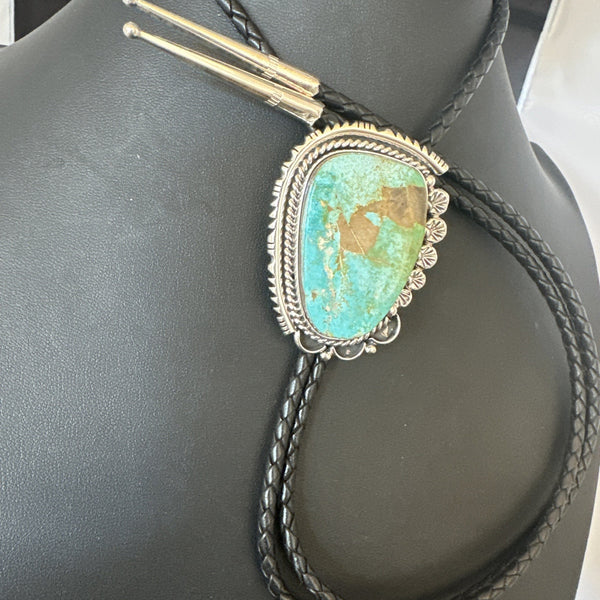 Men's Blue Green Royston Turquoise Bolo Tie Navajo | Sterling Silver | Authentic Native American Handmade | 19594