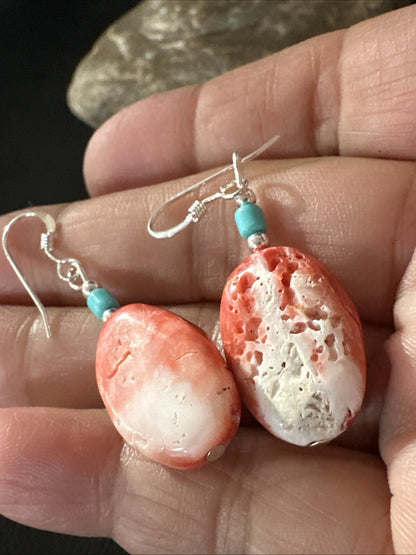 Navajo Sterling Red Spiny Oyster Turquoise Bead Earrings 18692