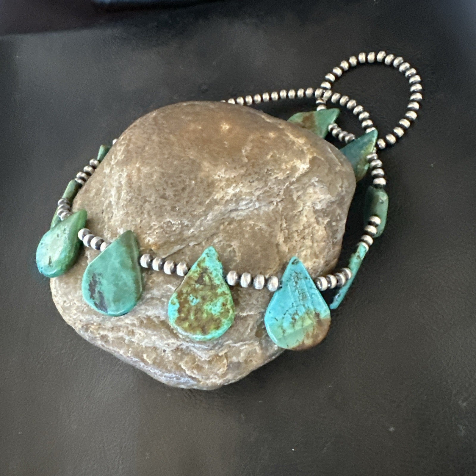Blue Green Turquoise Teardrop Navajo Pearls Sterling Silver Necklace 14390
