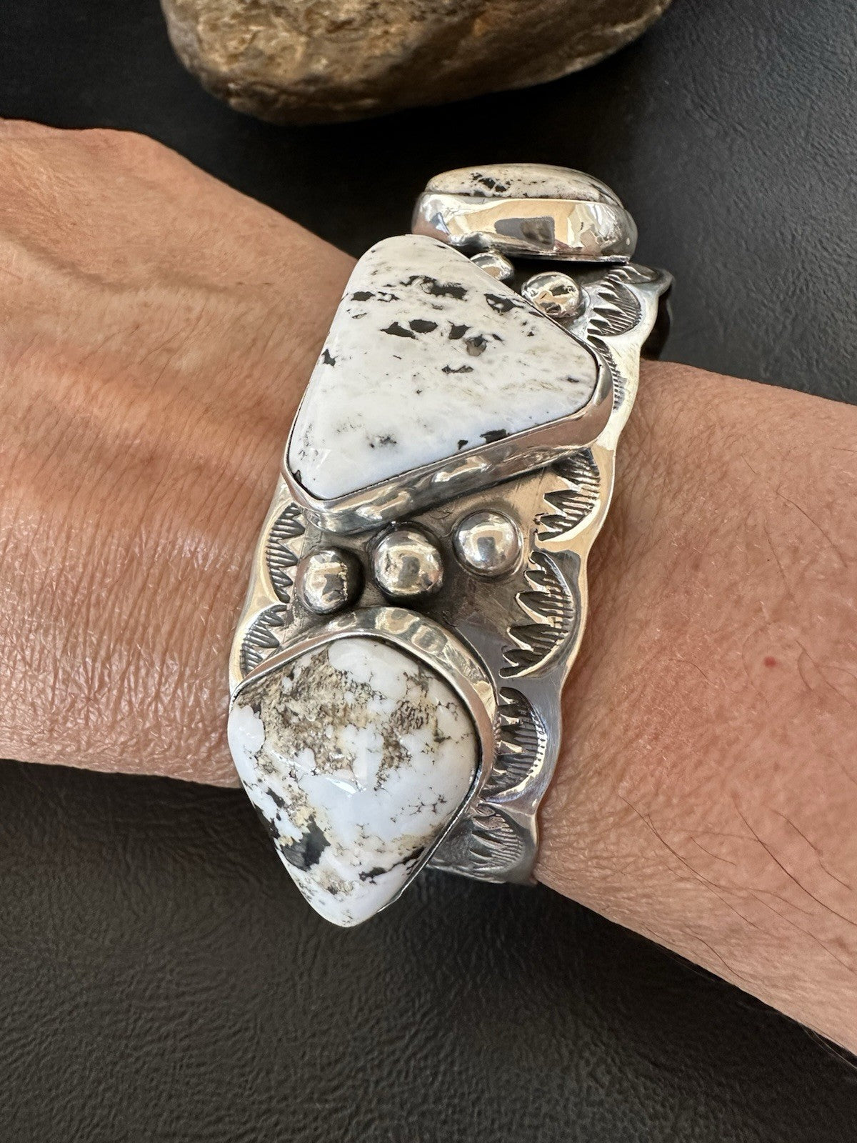 Mens White Buffalo Turquoise Navajo Sterling Silver Cuff Bracelet 7.75" 19427