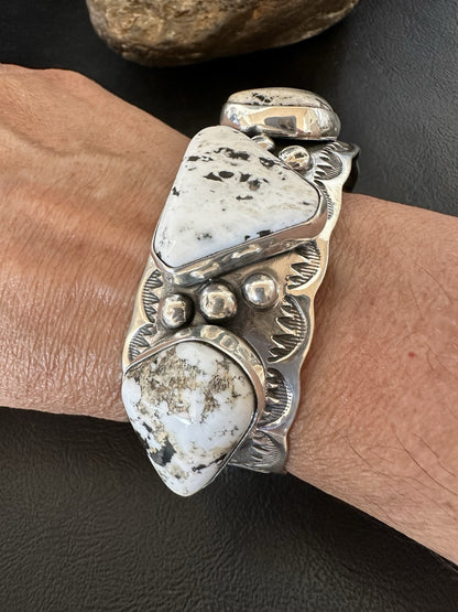 Mens White Buffalo Turquoise Navajo Sterling Silver Cuff Bracelet 7.75" 19427