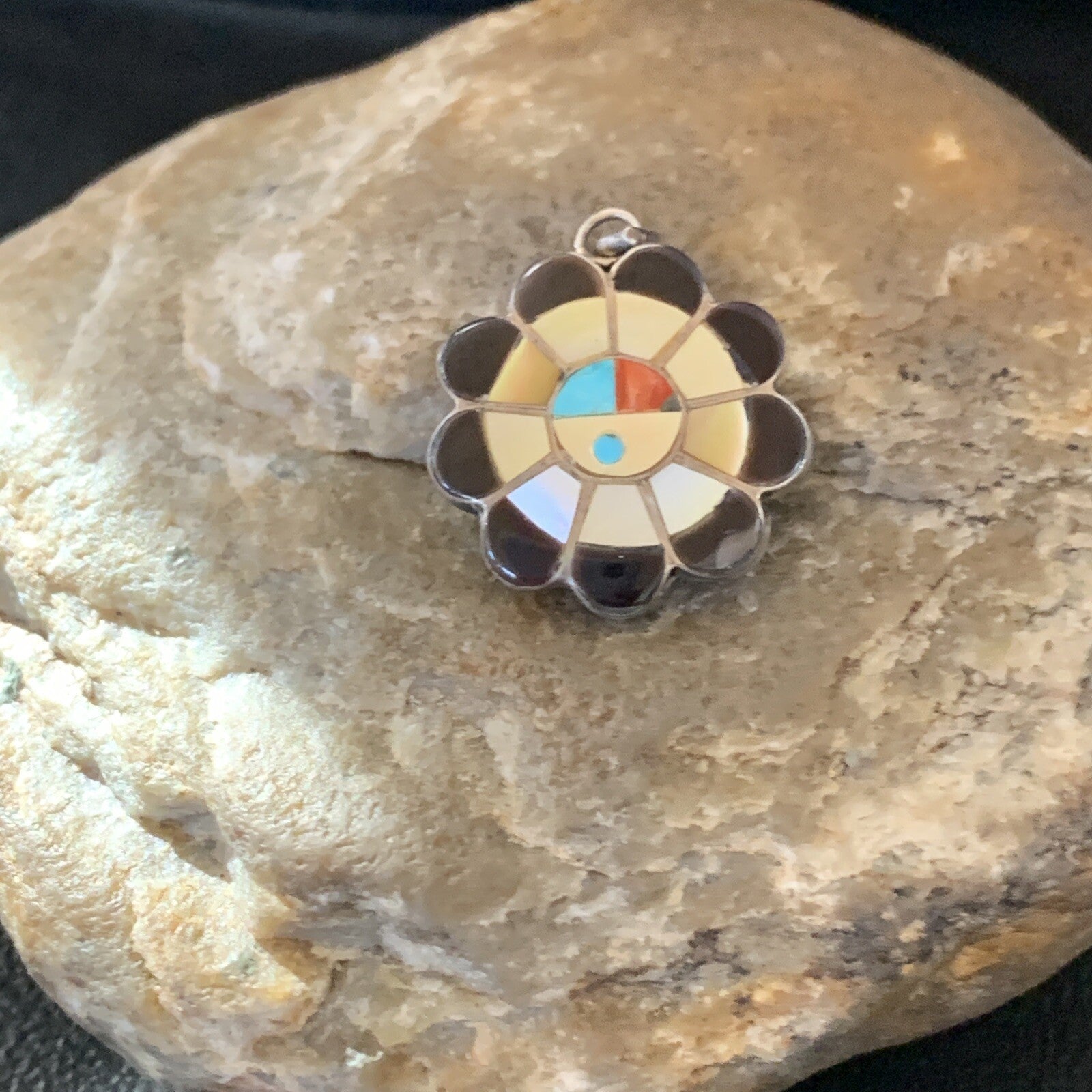 Mother Of Pearl Turquoise Spiny Inlay Zuni Sterling Silver 2 Sided Pendant 1682